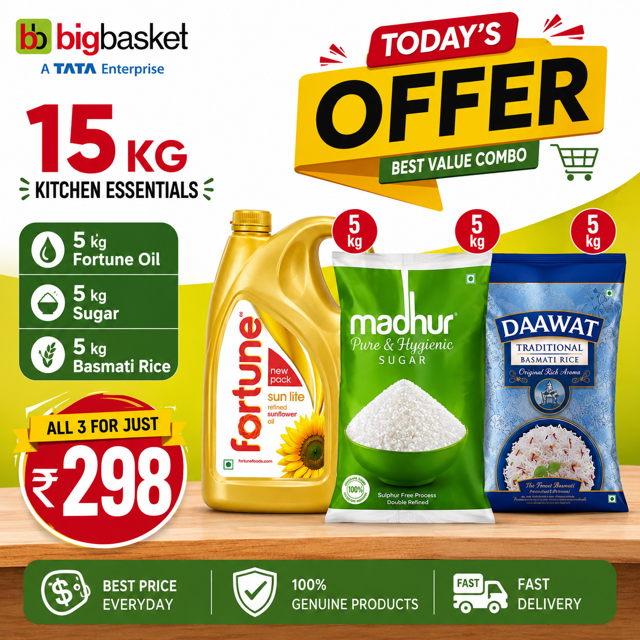 Big Basket Offer today: Combo of 5 kg Fortune oil+ 5 kg sugar+ 5 kg Basmati rice